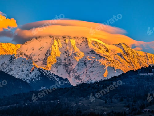 Preview: Sunset at Lac de Passy lake in Domancy, France in winter