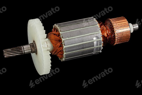 Preview: Rotor or of anchor electric motor closeup, isolated on black background, with clipping path
