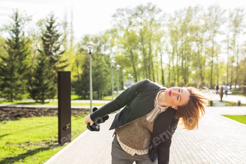 Preview: Stylish pregnancy concept. Portrait of happy pregnant woman in trendy clothing. Casual style.