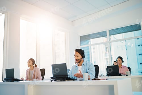 Preview: Call center, telemarketing team and group for customer service, IT support and FAQ in coworking age