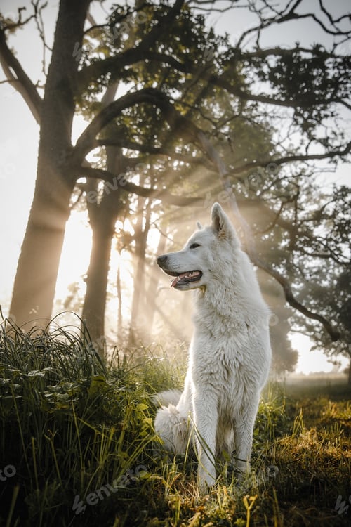 Preview: Beautiful vertical shot of a white dog sitting in a park on a sunny day