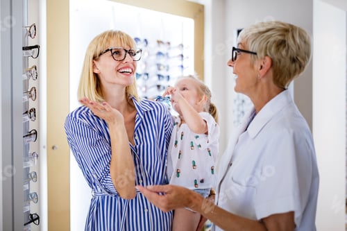 Preview: Mother and daughter in optician shop buying eyeglasses