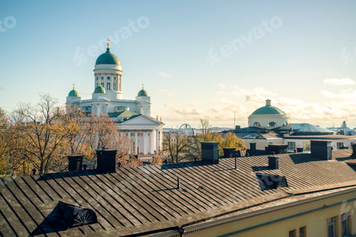Preview: Helsinki skyline featuring the Helsinki Cathedral above historic buildings under a clear sky