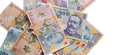 Preview: Stack of romanian polymer banknotes, romanian RON currency on white background