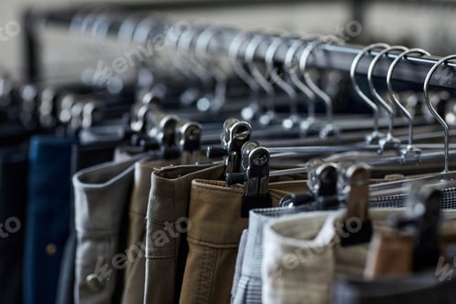 Preview: jeans and pants in row on clothing rack