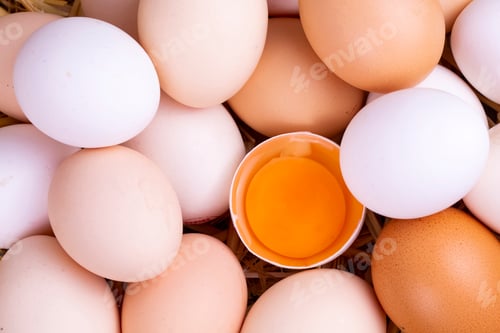 Preview: Raw eggs in dry straw. Food concept photo.