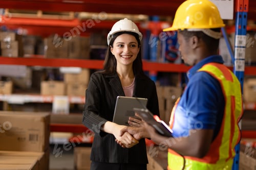 Preview: engineer male worker team meeting with business woman manager owner hand shaking happy smiling