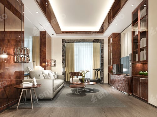 Preview: 3d rendering wood classic living room with marble tile and bookshelf