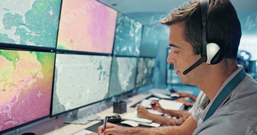 Preview: Computer, screen and man with headset in control room for storm tracking, satellite forecast or wri
