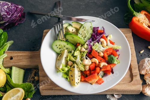 Preview: Close-up, fresh vegetable salad on the kitchen table.