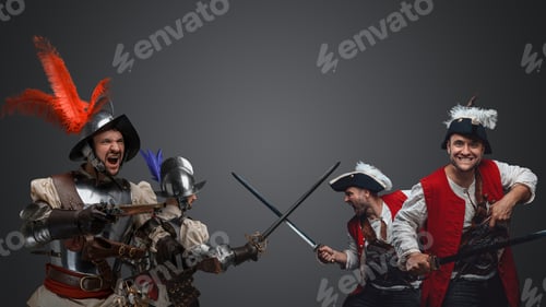 Preview: Medieval conquistador fighting against pirates against gray background