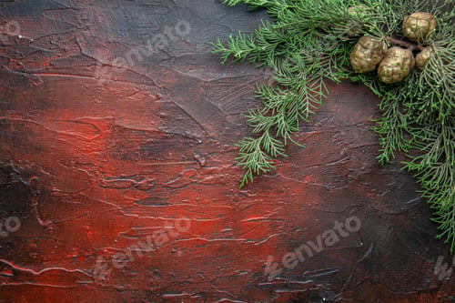 Preview: Horizontal view of fir branches with decoration accessories on dark background