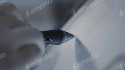 Preview: Close up of woman hand using electronic pen while working at modern office with a tablet. Stock