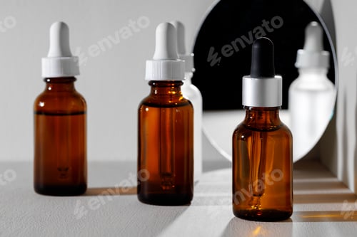 Preview: Creative photo with glass jar ofcosmetic oil and mirror