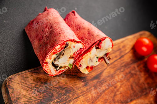 Preview: Shawarma wrap chicken and vegetables pink lavash doner kebab tasty snack fresh food