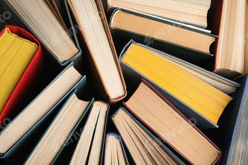 Preview: Stack of hardcover books as background, top view