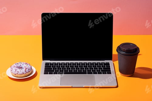 Preview: laptop with blank screen near donut and paper coffee cup on yellow surface and pink background