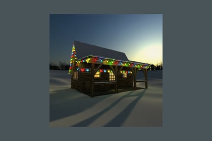 Preview: Snow-covered cabin with festive lighting at dusk