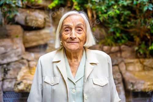 Preview: Smiling elder woman in the garden of a nursing home