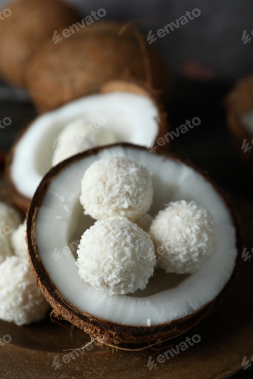 Preview: Concept of tasty sweets, coconut candies, close up