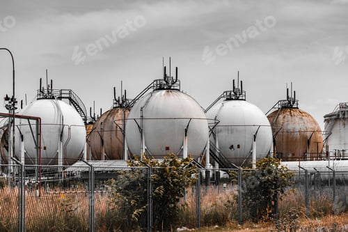 Preview: Shot of natural gas storage tanks in sphere shape in Okayama, Japan