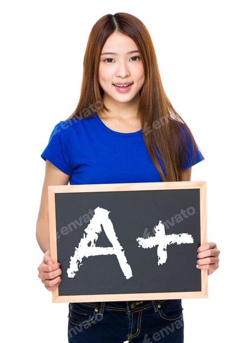 Preview: Young woman with black board showing A plus mark