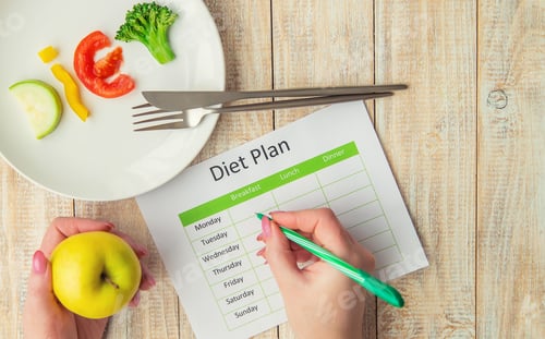 Preview: Weekly diet plan. The concept of proper nutrition. Selective focus.