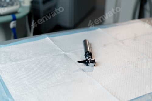 Preview: in veterinary clinic on the veterinary table there is an iron instrument for checking the ear