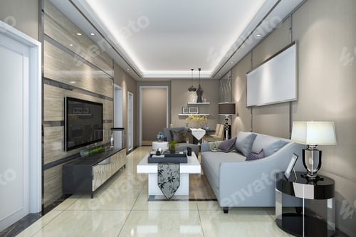 Preview: 3d rendering luxury and modern living room with sofa and dining table