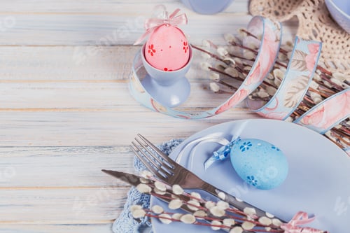 Preview: Easter table setting with willow branches, colorful eggs and cutlery