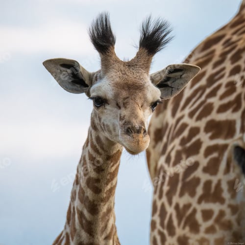 Preview: Little giraffe gracefully stand side by side in a vast green field in Africa