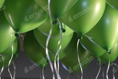 Preview: Green balloons. Celebrate. Post card. Wallpaper. Joy. Birthday party. Green bundle. Closeup.