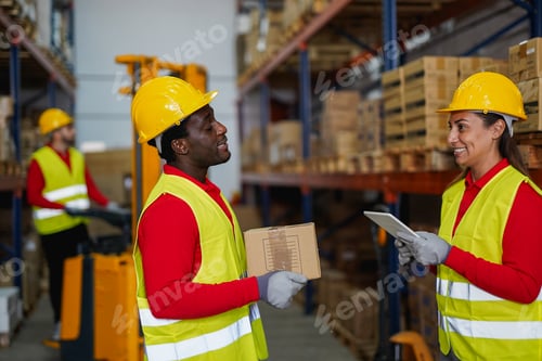 Preview: Multiracial warehouse working people with digital tablet and box control stock