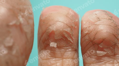 Preview: Close up of Foot peeling or remove dead skin on green or tiffany blue background.