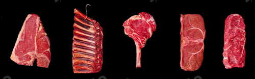 Preview: Different cuts of beef displayed on a black background for culinary presentation