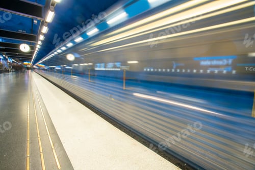 Preview: Long exposure of Metro train in Swedish subway station