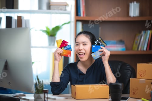 Preview: Young woman holding credit card and using laptop computer. Online shopping concept