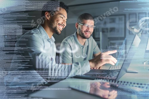 Preview: Teamwork, laptop hologram and people with data analytics, cyber security research and cloud computi