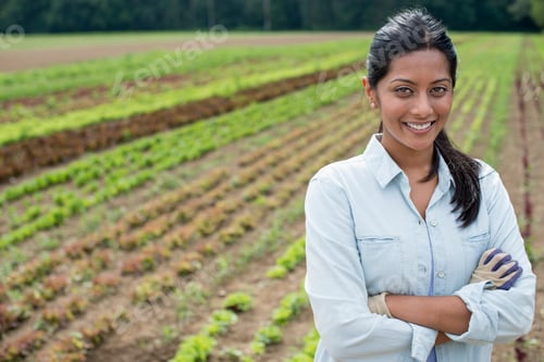 Preview: A woman standing in a farm field, with small salad plants growing in rows.