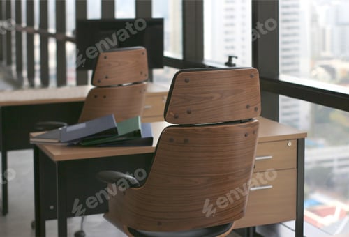 Preview: wooden table desk in office business room with big windows background