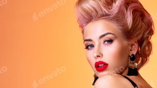 Preview: Beautiful woman with style hairstyle. White woman with bright colored makeup.