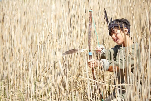 Preview: Young boy wearing fancy dress, holding home-made bow and arrow