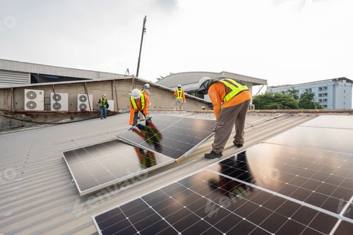Preview: Team technicians carrying photovoltaic solar moduls on roof of factory.