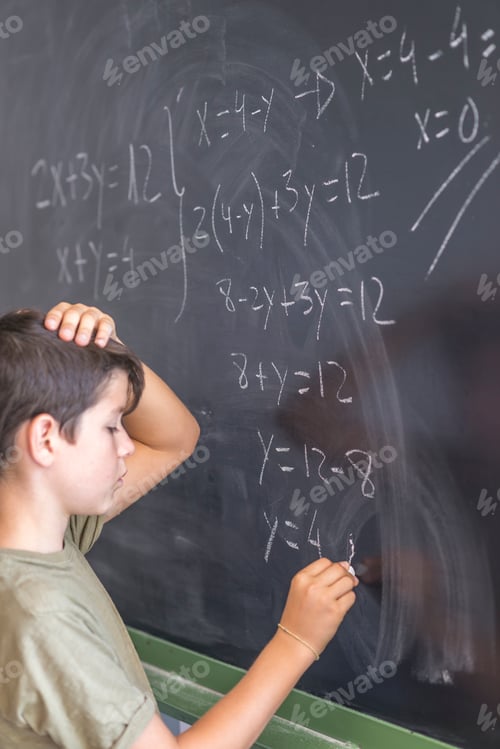 Preview: Schoolboy solving a problem on a blackboard.