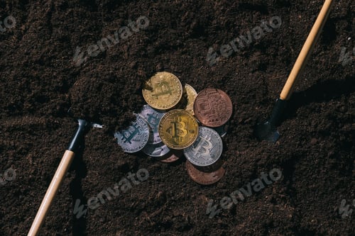 Preview: top view of arranged gardening tools and various bitcoins on ground