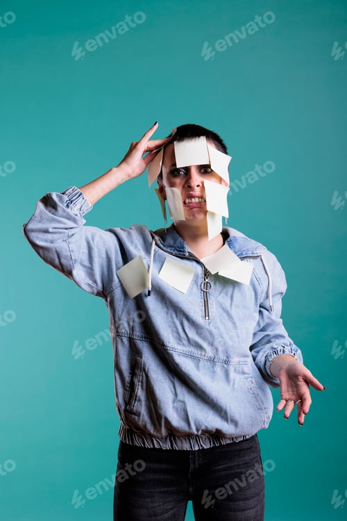 Preview: Tired exhausted woman with colorful sticky notes all over her body