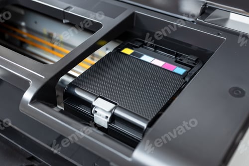 Preview: Close up of a multicolor ink cartridges container of a printer