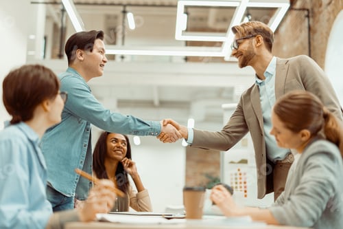 Preview: Two smiling men handshake in the office
