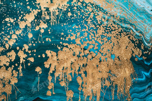 Preview: Fluid Art acrylic paints. Abstract mixing turquoise paint waves. Liquid golden flows splashes