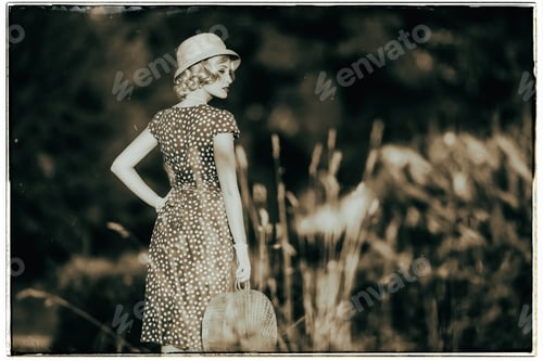 Preview: Classic Black And White Photo Of 1930S Summer Fashion Woman With Dress And Straw Hat Standing With